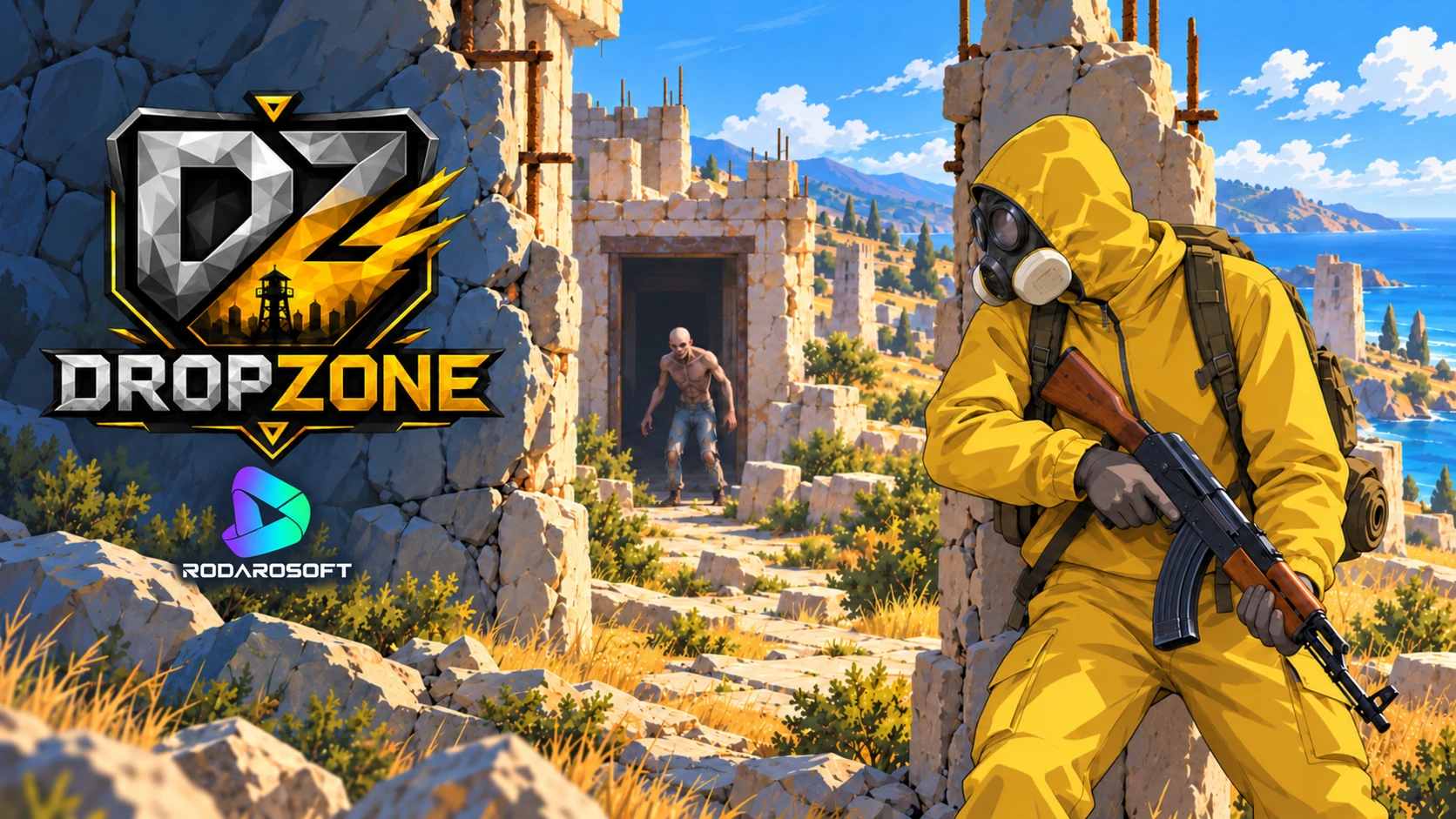 A Dropzone survivor in a yellow hazmat suit faces danger in coastal ruins