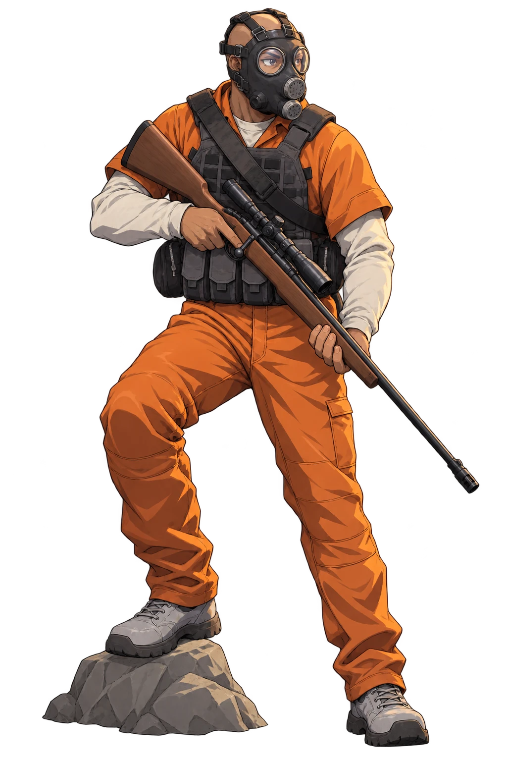 A survivor in an orange jumpsuit and gas mask with a plate carrier and scoped rifle, standing on a rock
