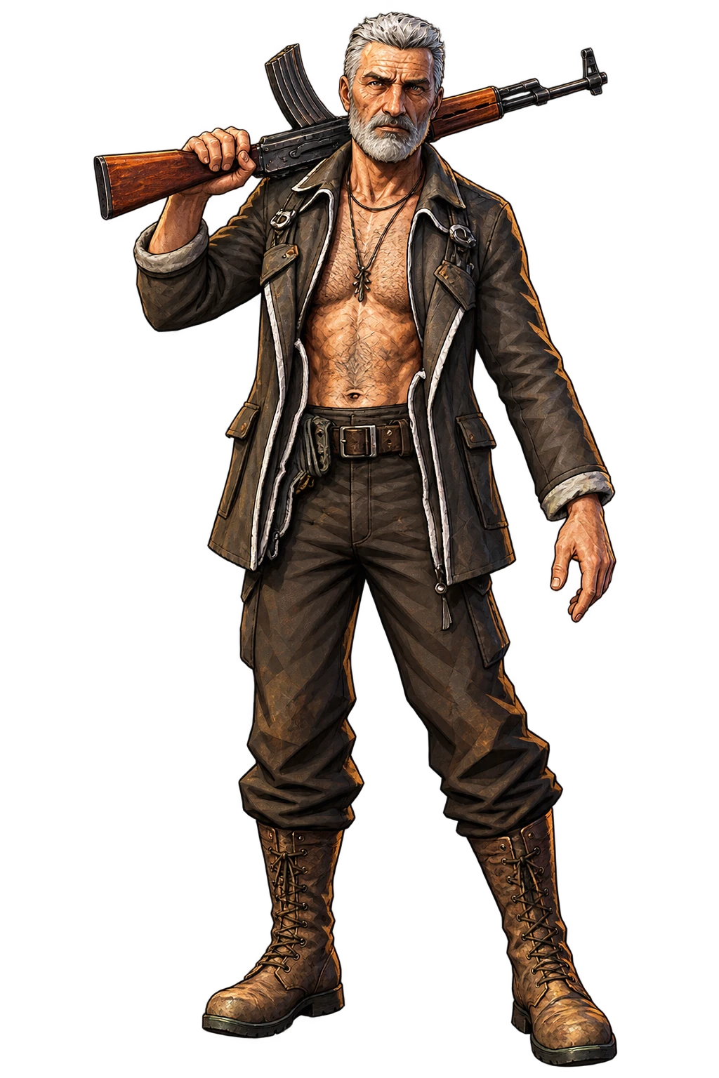 A grey-bearded survivor in a worn leather jacket carries an AK-style rifle over his shoulder