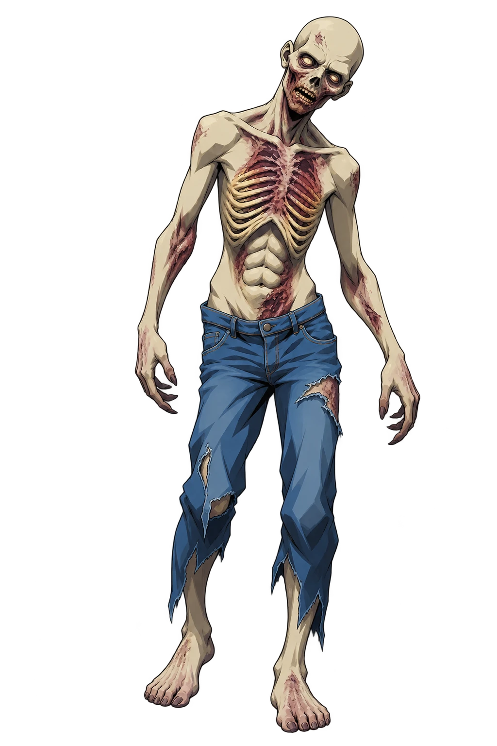 A Dropzone infected creature with exposed ribs and torn blue jeans